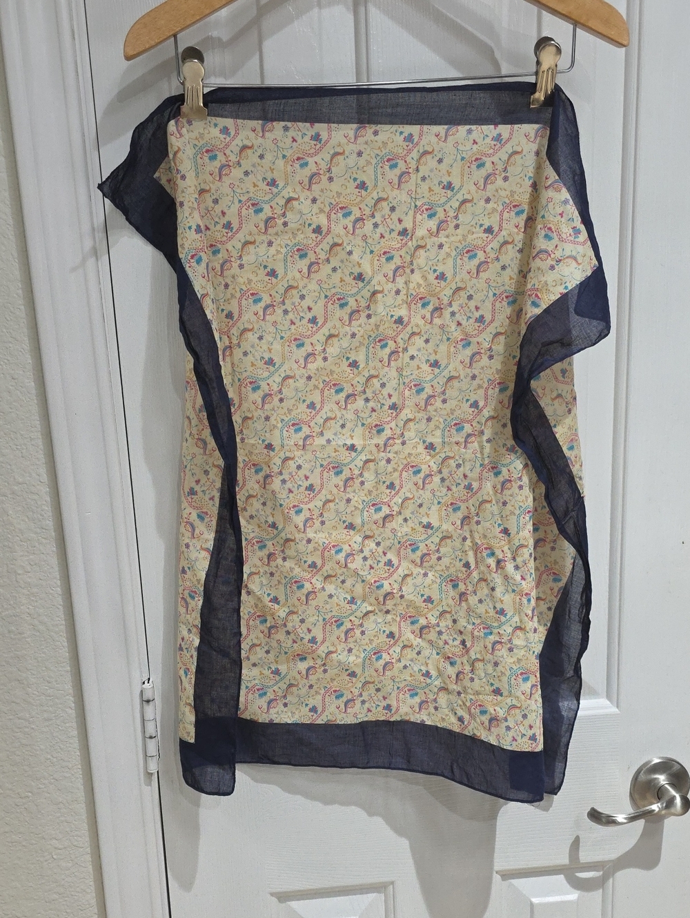 Vintage SCARF Cream Floral with Navy Trim 100% Cotton. Made In Italy